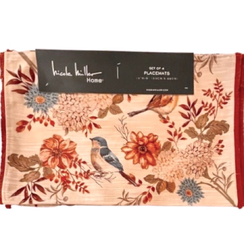 🆕- Nicole Miller Home- Set/4 Gorgeous Autumn Floral/Bird Placemats.